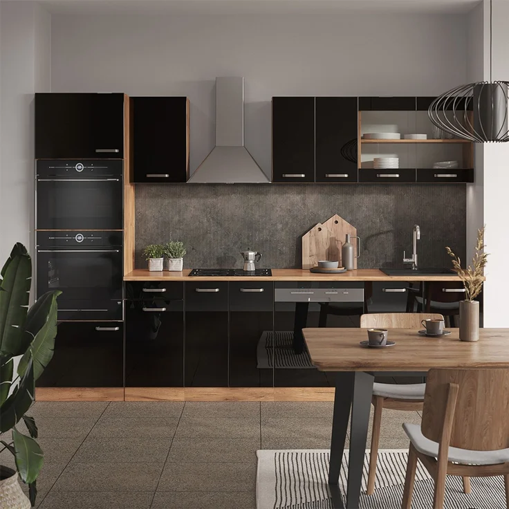 Küchenzeile R-Line Schwarz Hochglanz/Goldkraft Eiche 300 cm mit Hochschrank, AP Anthrazit Vicco – Bild 4