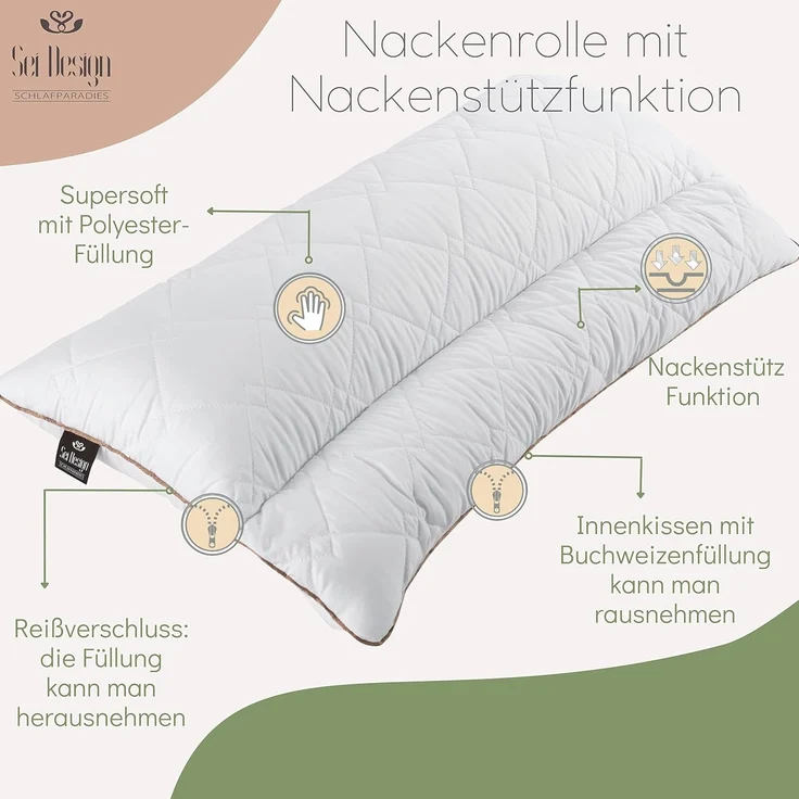 SEI Design Kopfkissen 40x80 mit Nackenrolle aus Buchweizenschalen, Bezug: 100% Polyester, Rückenschläfer, Seitenschläfer, gesteppt mit Nackenrolle – Bild 3