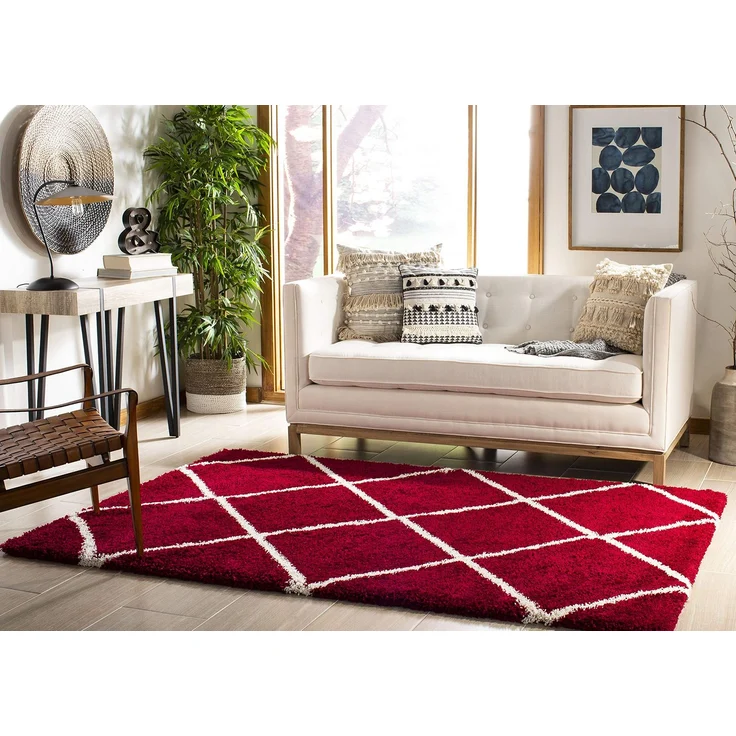 SAFAVIEH Zottelig Teppich für Wohnzimmer, Esszimmer, Schlafzimmer - Hudson Shag Collection, Hoher Flor, Rot und Elfenbein, 122 X 183 cm