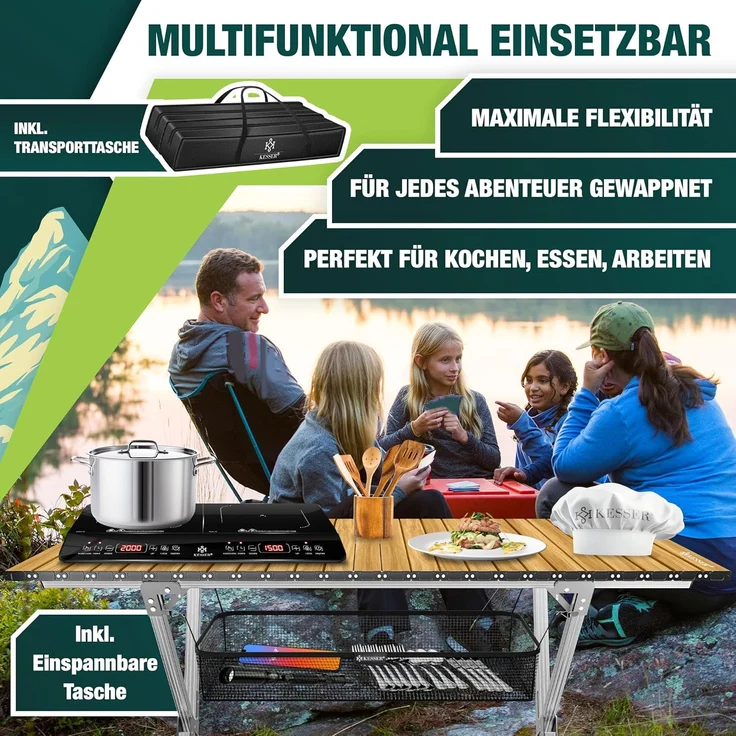 KESSER® Campingtisch faltbar Klapptisch mit Aluminiumrahmen Aufrollbare Tischplatte Falttisch klappbar inkl. Tragetasche mit Trageband & Netztasche, Holz-Optik 145 cm, Braun / Silber – Bild 3