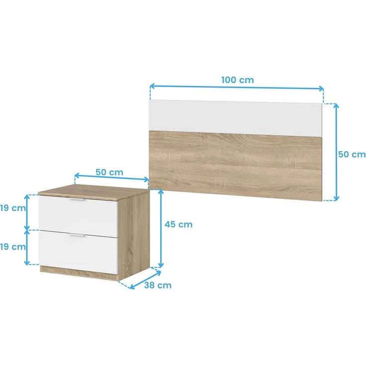 Habitdesign, modernes Kopfteil mit Nachttisch – Einzelmöbel-Set in Kanadischer Eiche & Artik weiß, viel Stauraum, Maße: 100 x 50 x 38 cm (B x H x T), Modell Luca – Bild 8