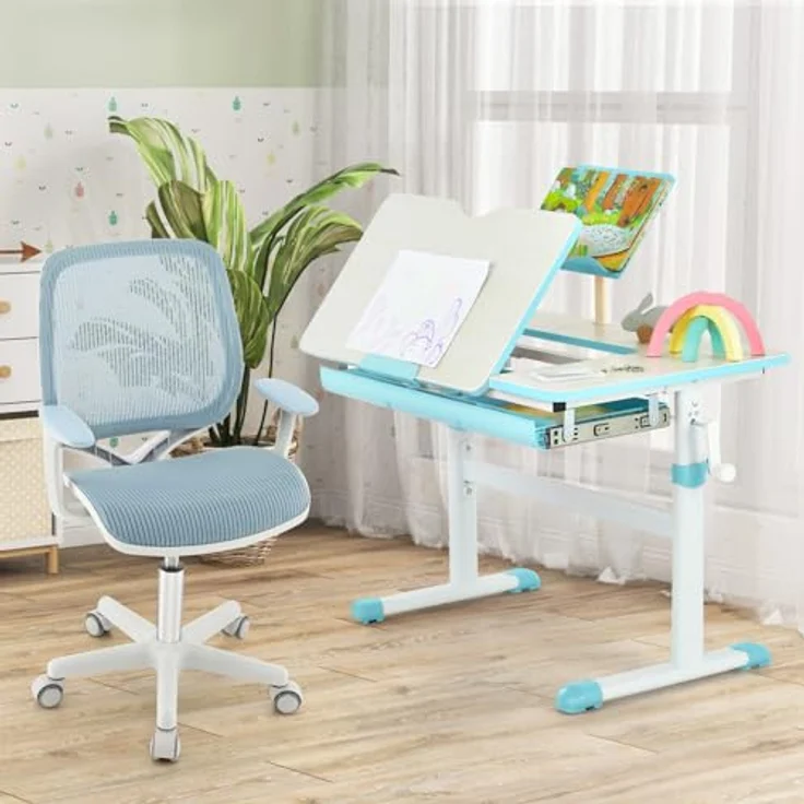 FANTASK Schreibtischstuhl Kinder, Schreibtisch Höhenverstellbar 43-55cm, 360° Drehstuhl mit Rückenlehne & Armlehnen & Rädern, Bürostuhl Ergonomisch für Kinder 6-15 Jahre (Blau) – Bild 3