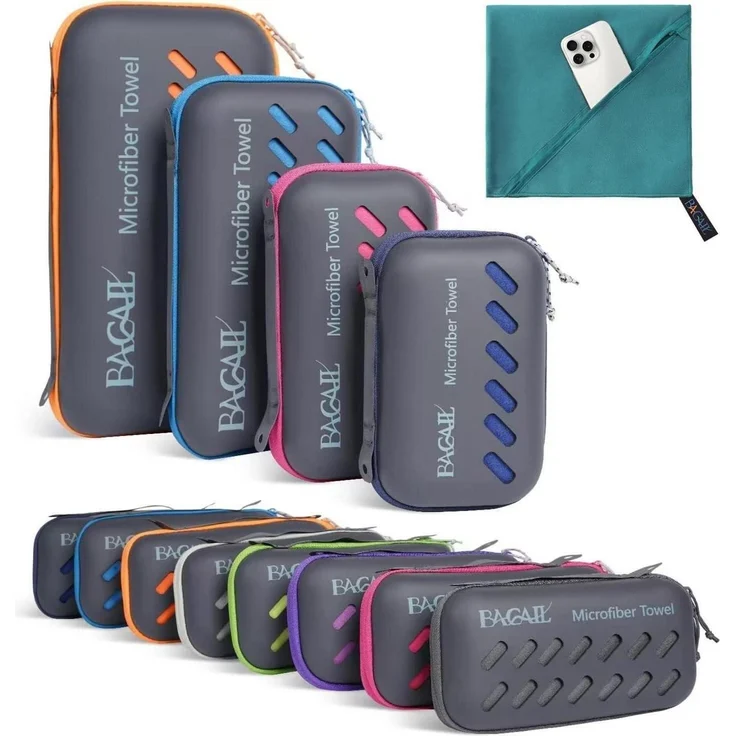 Handtuch Mikrofaser Sport Strand Reise EVA Box Blaugrün XS 80x40cm – Bild 1