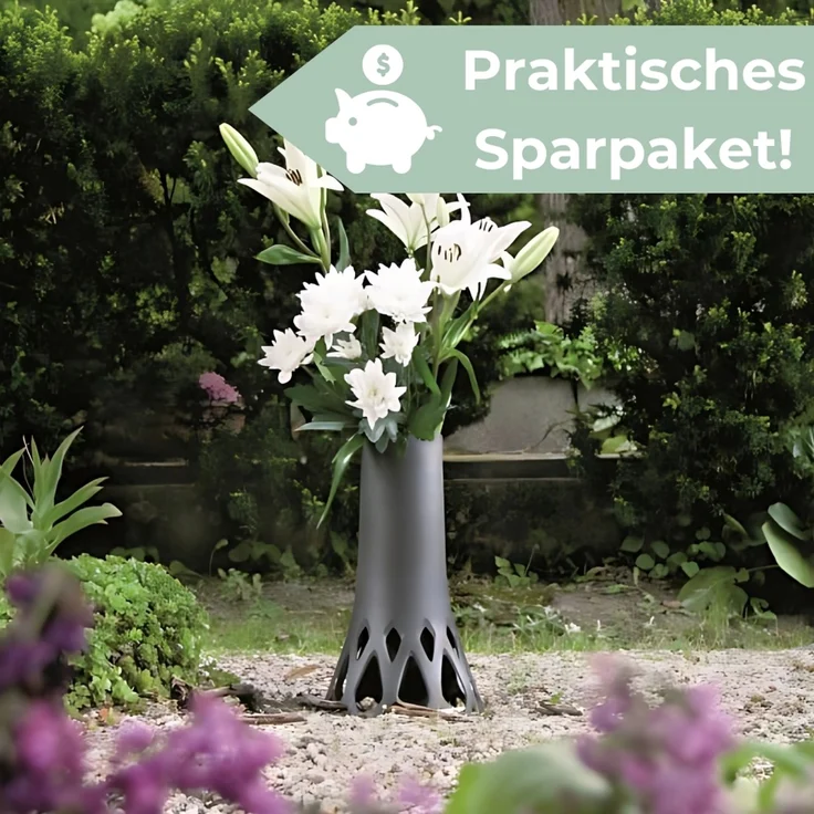 2er Set Grabvase mit Sockel Gewicht Friedhofvase Grabschmuck Blumenvase Friedhof Grab Vase anthrazit 1,3 L Frostsicher – Bild 6