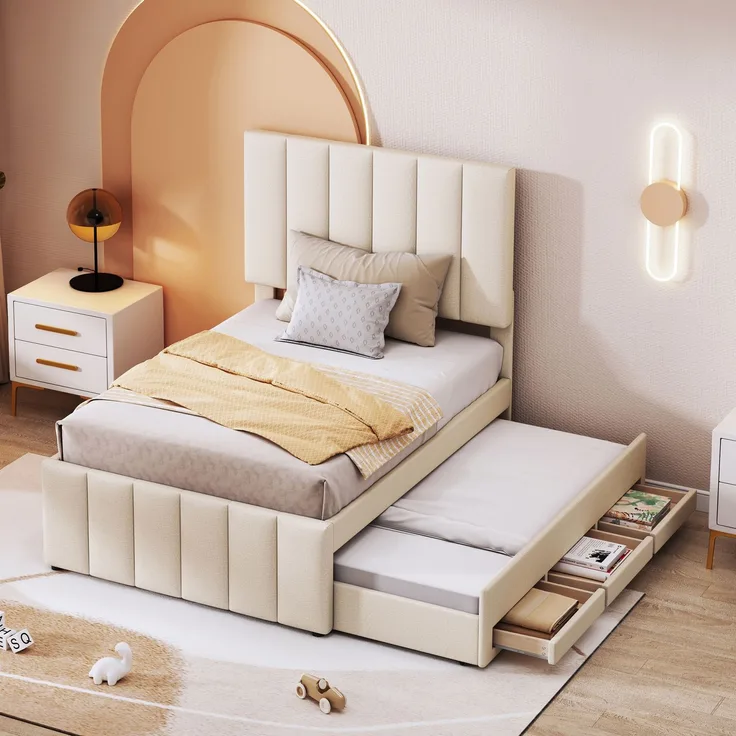 Polsterbett 90x200 cm mit Rollbett und Stauraumschubladen, hautfreundliche Leinenpolsterung, flaches Einzelbett, Kinderbett, Jugendbett, Gästebett (Beige)