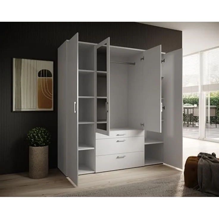 Drehtürenschrank >Vesala< 4 Türen, 3 Schübe, Weiß / Spiegel - 180x195x56cm (BxHxT) – Bild 6