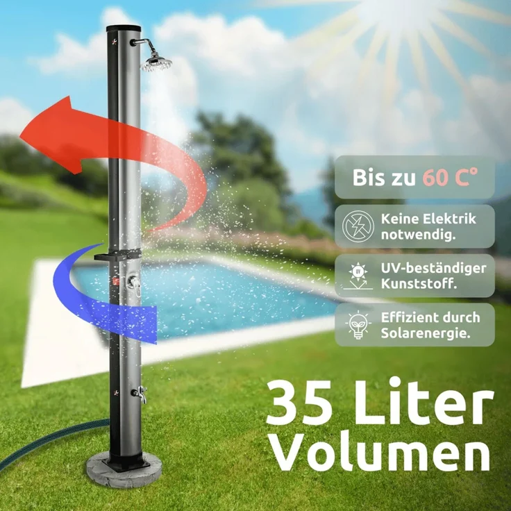Outdoor Solardusche 35 Liter inkl. Wasserspeicher - Mit Abdeckung | Solar Gartendusche warmes Wasser Pooldusche Campingdusche – Bild 3