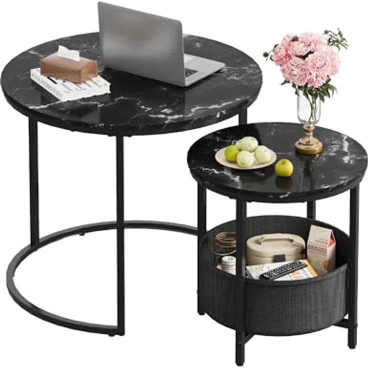 WLIVE Couchtisch 2er Set, Beistelltisch Rund mit Stauraum, Wohnzimmertisch Holz mit Metallrahmen, Sofatisch für Wohnzimmer Schlafzimmer, (Marmor Schwarz, 60 cm und 40 cm Durchmesser) – Bild 2