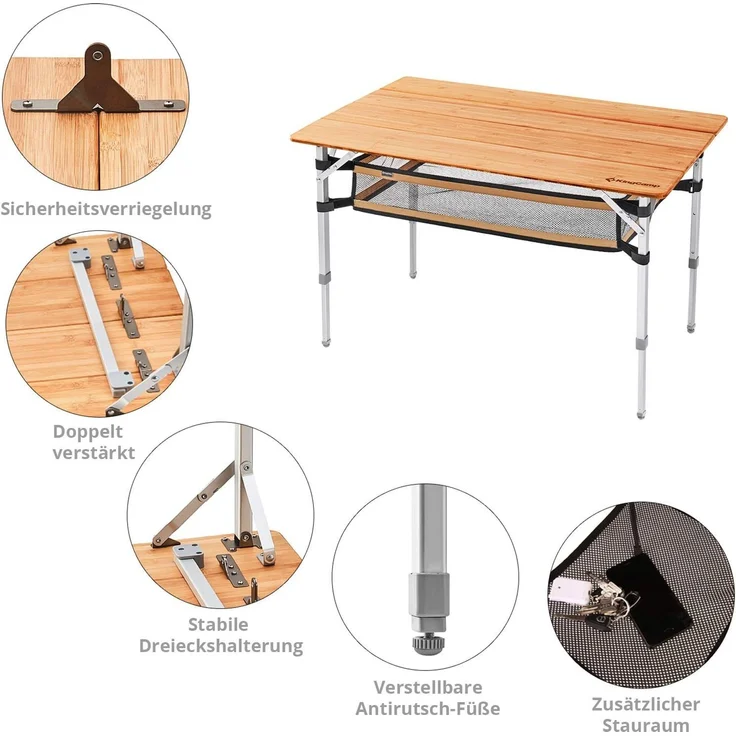 KingCamp Campingtisch Bambus Falt Tisch Camping Klapptisch, Garten Alu Holz 3Höhen Verstellbar – Bild 6