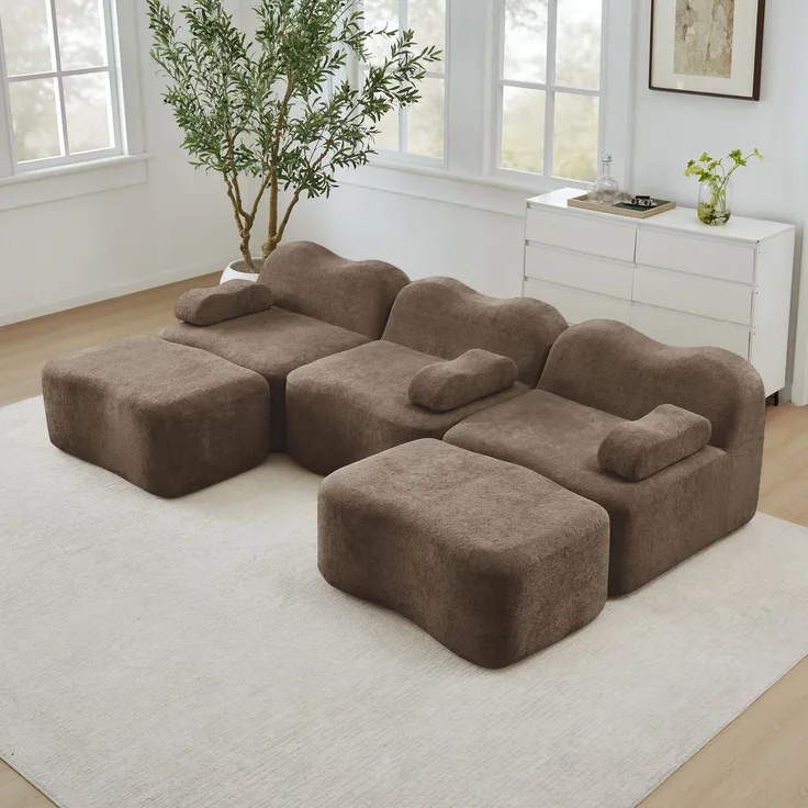 EINHOM 3-Sitzer U-förmiges Modulares Boneless Sofa mit 2 Ottomans, 32D Hochdichtschaum, Wellenform, tiefe Sitzfläche, bewegliches Armlehnenkissen, für Wohnzimmer, Braun