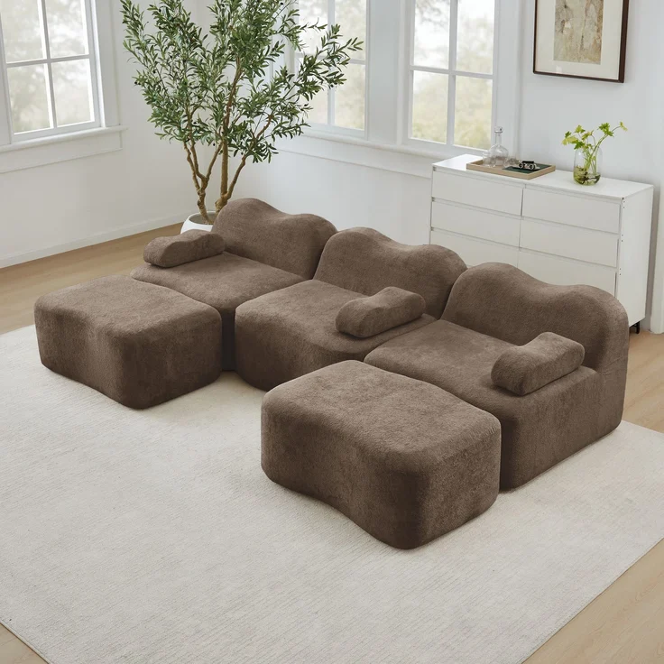 EINHOM 3-Sitzer U-förmiges Modulares Boneless Sofa mit 2 Ottomans, 32D Hochdichtschaum, Wellenform, tiefe Sitzfläche, bewegliches Armlehnenkissen, für Wohnzimmer, Braun – Bild 1