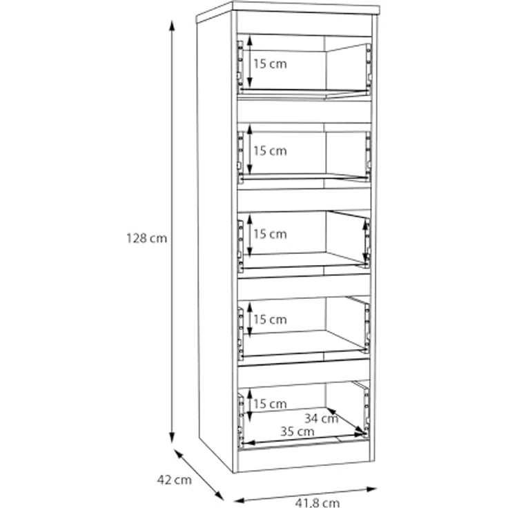 FORTE EDMORE Hohe Kommode 40 45 mit 5 Schubladen, Mauvella Eiche Dekor, 41,8 cm breit x 128 cm hoch x 42,2 cm tief – Bild 8