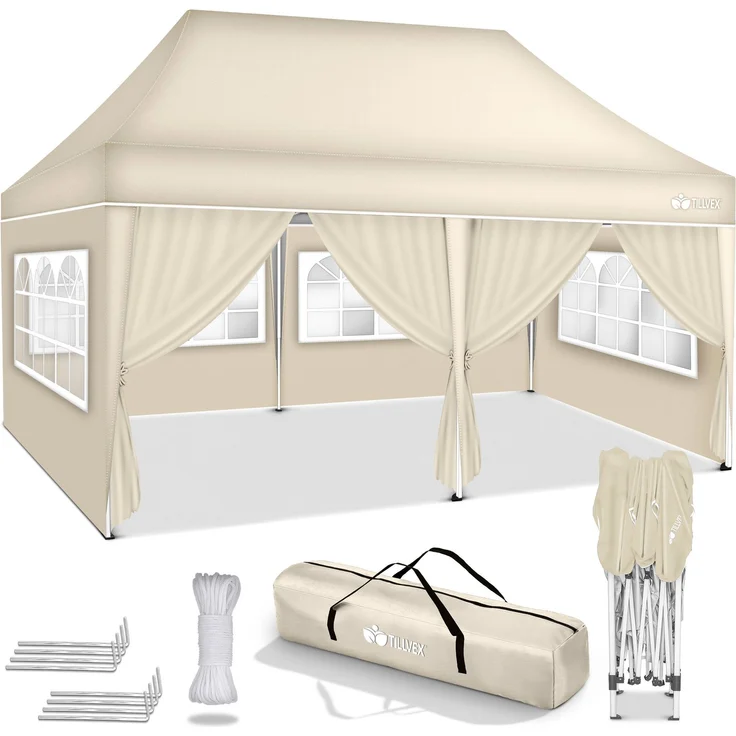 tillvex Pavillon 3x6m - mit 6 Seitenwänden Beige wasserdicht | Pop-Up Faltpavillon höhenverstellbar | Gartenzelt UV Schutz 50+ | Partyzelt mit Tasche für Garten – Bild 6
