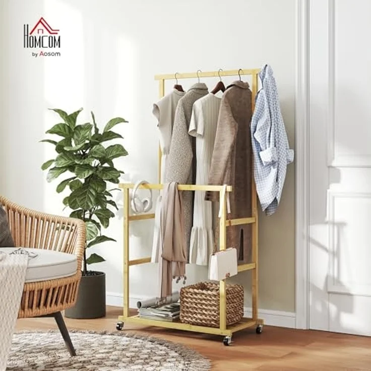 HOMCOM Kleiderständer mit Rollen, Kleiderstange, Schuhablage, (Garderobe aus Bambus, 1 St, Garderobenständer), für Schlafzimmer, Ausstellungen, Waschküche, Natur – Bild 2