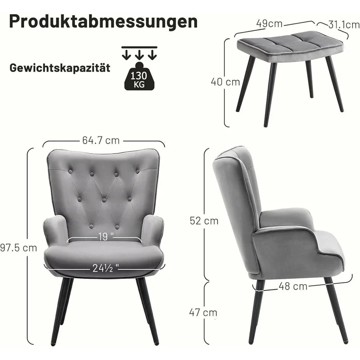 Sessel Ohrensessel Samt Relaxsessel Fußstütze mit Hocker Grau – Bild 2