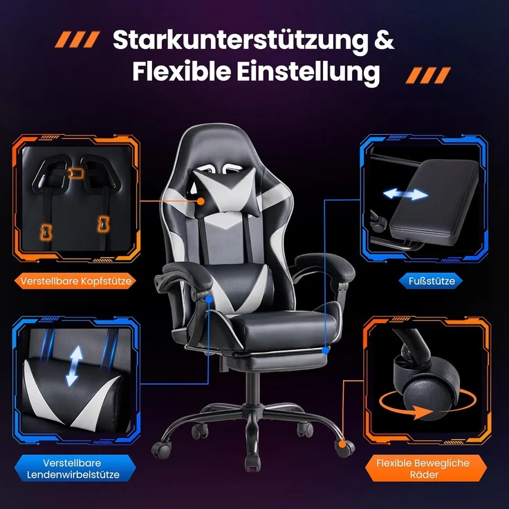 Sweetcrispy Gaming Stuhl, Gaming Chair mit Fußstütze Kopfstütze Lendenwirbelstütze, Ergonomischer PC Stuhl, Höhenverstellbarer Bürostuhl Computerstuhl, Gamer Stuhl, Drehbarer Schreibtischstuhl, Weiß – Bild 4