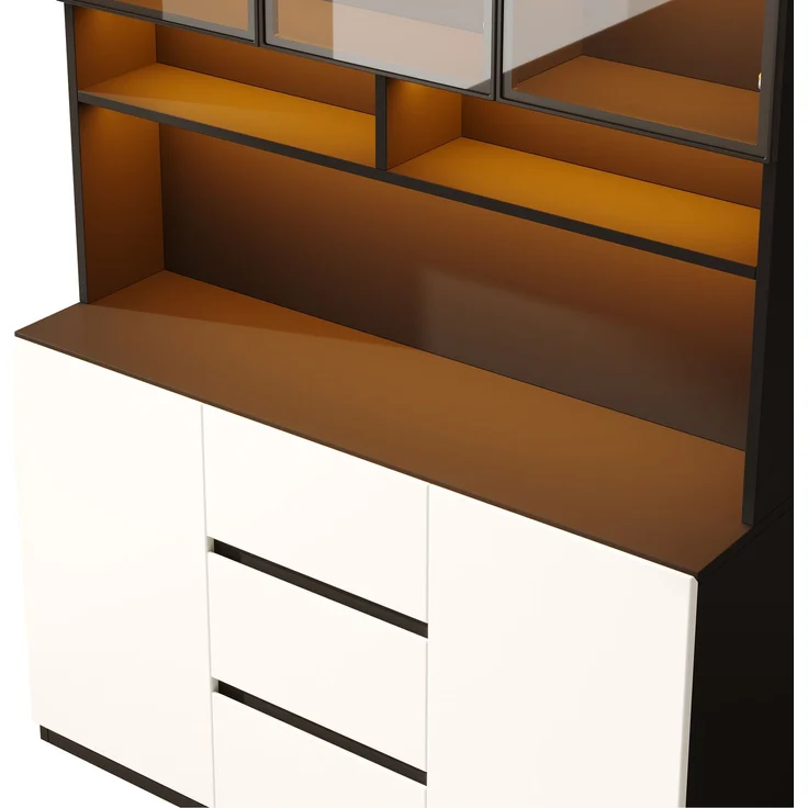 ZUBALIYA Vitrine mit LED-Beleuchtung, 120 x 200 cm, moderne Wohnzimmervitrine mit grauen Glastüren, offenen Einlegeböden, 2 Türen und 3 Schubladen, aus mitteldichter Faserplatte (MDF), in Schwarz-Weiß – Bild 10
