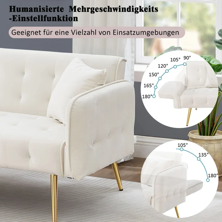Sofabett 2-in-1 Samt,Zweisitzer mit verstellbarer Rückenlehne & Armlehnen, zum Gästebet,Weiß – Bild 6