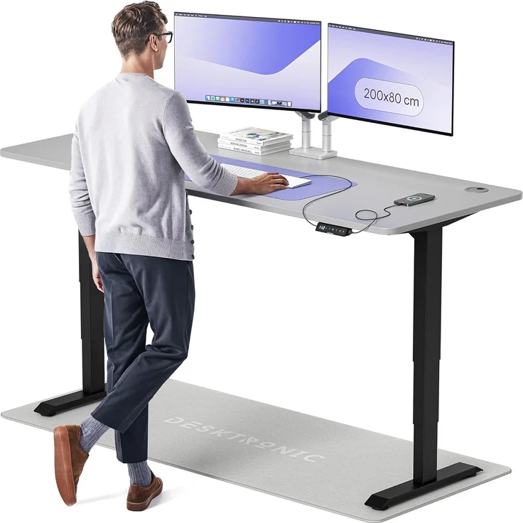 Höhenverstellbarer Schreibtisch - Höhenverstellbar Elektrisch mit Flüsterleisem Dual-Motor & Touchscreen - Hohe Tragfähigkeit - Stehtisch von Desktronic, Schwarz + Grau, 200x80 cm