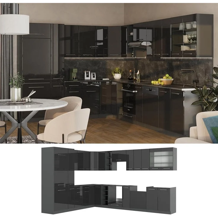 Eckküche Fame-Line Anthrazit Hochglanz/Anthrazit 347 x 257 cm ohne Arbeitsplatte Vicco – Bild 4