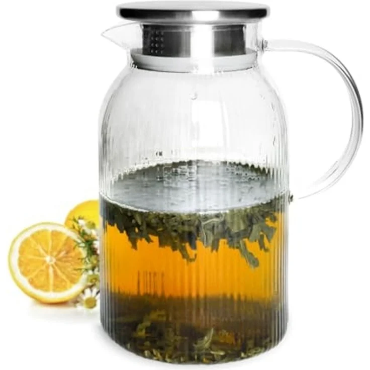Glaskaraffe 1,5L mit Edelstahl Filter und Relief Wasserkrug Wasserkaraffe Glaskrug – Bild 1