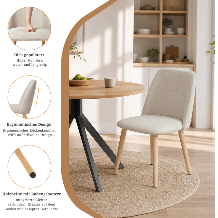 GOEURVANT 1001 Esstisch Set rund Ø 100 cm in Wildeiche-Optik, Küchentisch mit 2 Stühlen in Beige – Bild 10