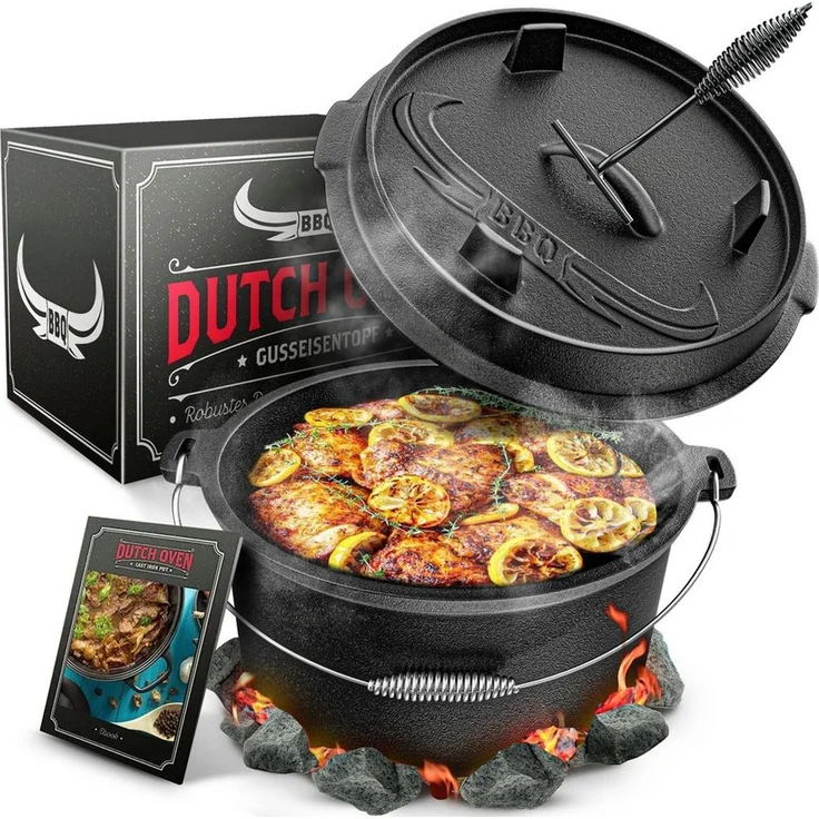 Amandi Feuertopf BBQ Dutch Oven Feuertopf - Gusseisen Set 7L für Grill & Lagerfeuer, Gusseisen, Voreingebrannt inklusive Deckelheber und E-Book – Bild 5