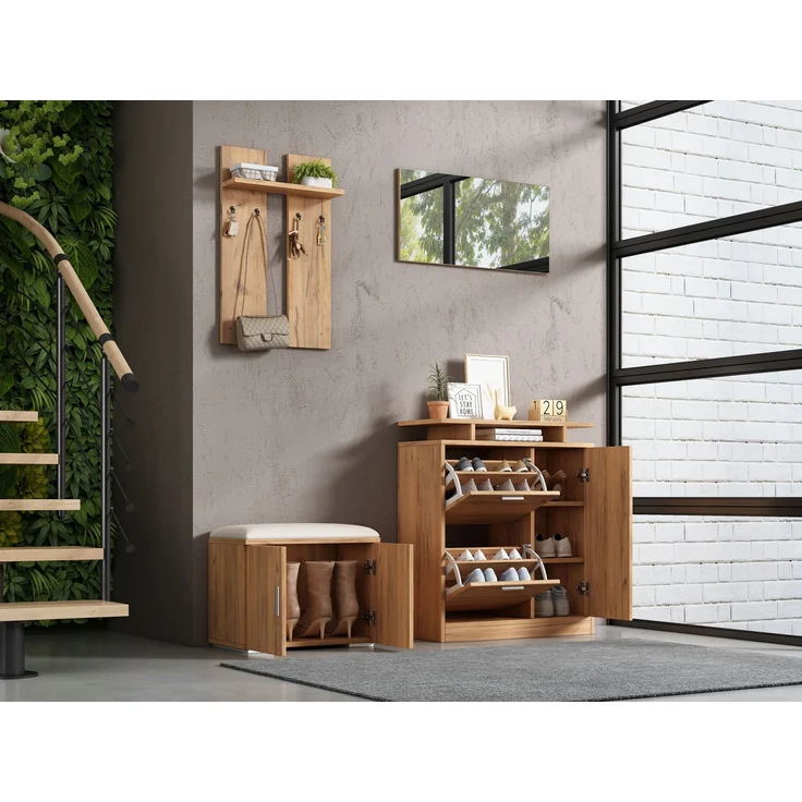 Wohnora-Flur-Garderoben-Set, Wandgarderobe; Garderoben-Set mit Schuhbank und Schuhschrank, 1 Spiegel, 4 Haken, 5 Türen, natural, B140× T35 × H133 cm,H 133cm x T 140cm x B 35cm,Natürlich – Bild 4