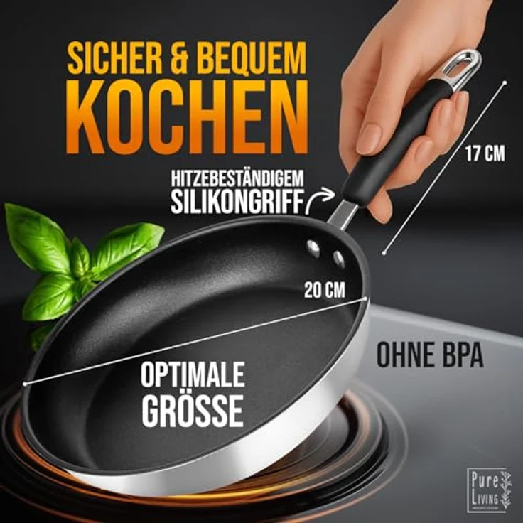 PURE LIVING INTERIOR DESIGN Bratpfanne Edelstahlpfanne, antihaftbeschichtet, 20 cm, für Induktion und alle Herde, Made in Germany – Bild 6
