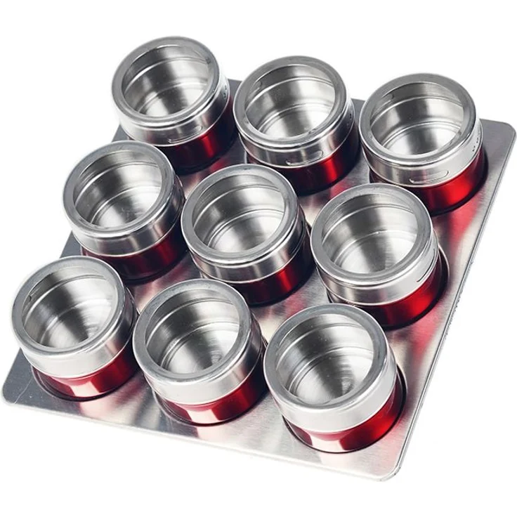 10tlg Edelstahl Metallic Gewürzdosenset Gewurzregal Salz Pfeffer Küche Gewürz Behälter Rot – Bild 1