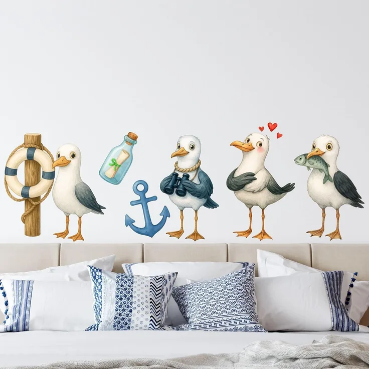 Sunnywall Wandtattoo Aufkleber Maritim Möwen - maritime Wanddeko für Kinderzimmer, selbstklebend, konturgeschnitten, rückstandslos entfernbar