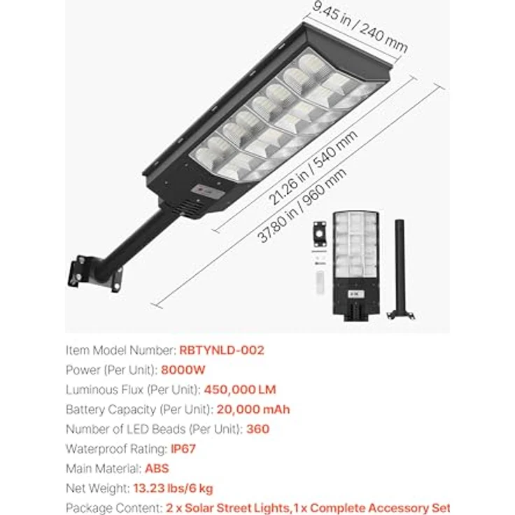 VEVOR Solar Straßenlaterne 450000LM, Straßenlampe 8000W, Solarleuchte mit Dämmerungssensor, LED-Flutlicht mit Bewegungsmelder, IP67 wasserdichte Außenbeleuchtung, für Einfahrt & Hof, 2er-Pack – Bild 7
