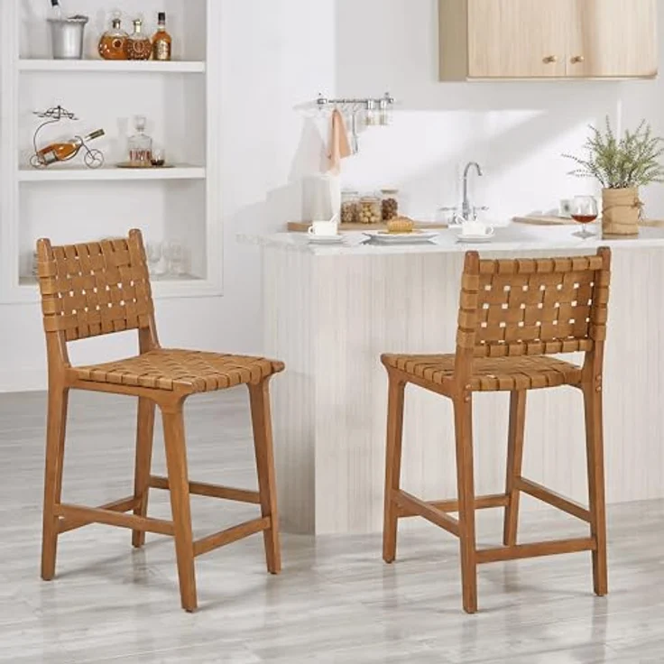 Ball & Cast PU Leder gewebt Counter Hocker, Holzrahmen Küche Insel Barhocker mit Fußstütze, Rückenlehne Geflecht Hocker-Stuhl für das Esszimmer, Braun – Bild 3