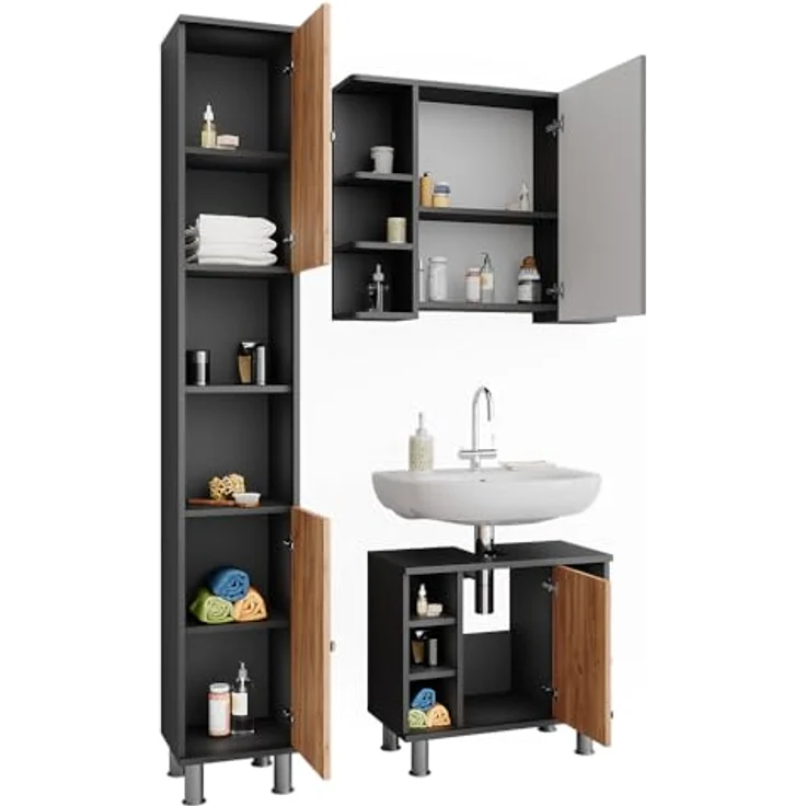 Vichy Badmöbel-Set Fynn, 3-teiliges Badezimmermöbelset in Anthrazit/Goldkraft Eiche mit Hochschrank und viel Stauraum – Bild 7