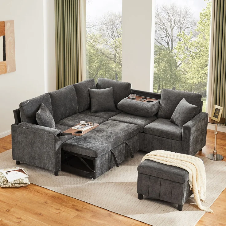 EINHOM Chenille-Ecksofa mit Schlaffunktion, Ausziehsofa mit Hocker, Leselampe, USB & Type-C, Ausgestattet mit verstecktem Tisch, Ausklappbarer Couchtisch mit zwei Getränkehaltern, Grau, 205 x 205 x 85 CM[9907] – Bild 7