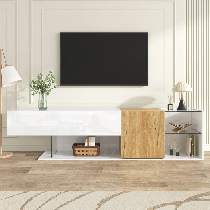 Merax 180cm TV-Schrank in Hochglanz Weiß mit Holzoptik und Glasregalen, mit Praktischer Aufbewahrung – Bild 1