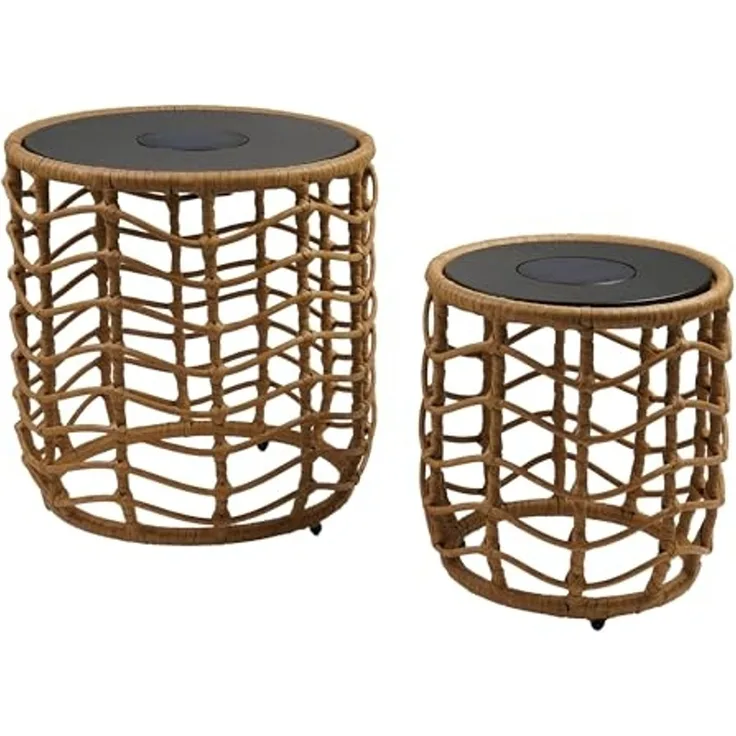 2 x Nerita Leuchttische, solarbetrieben, aus Polyrattan, natürlicher Effekt, 2 Stück