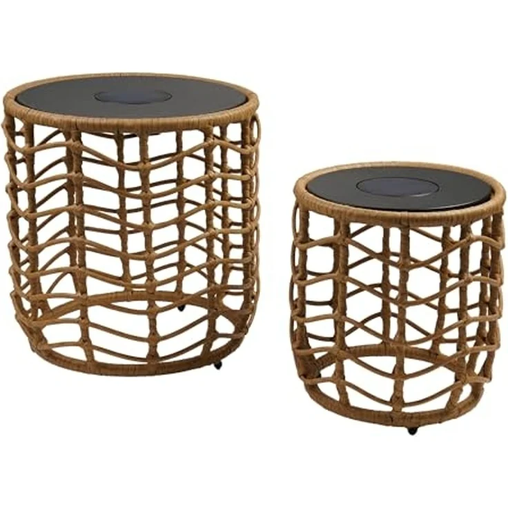 2 x Nerita Leuchttische, solarbetrieben, aus Polyrattan, natürlicher Effekt, 2 Stück – Bild 1