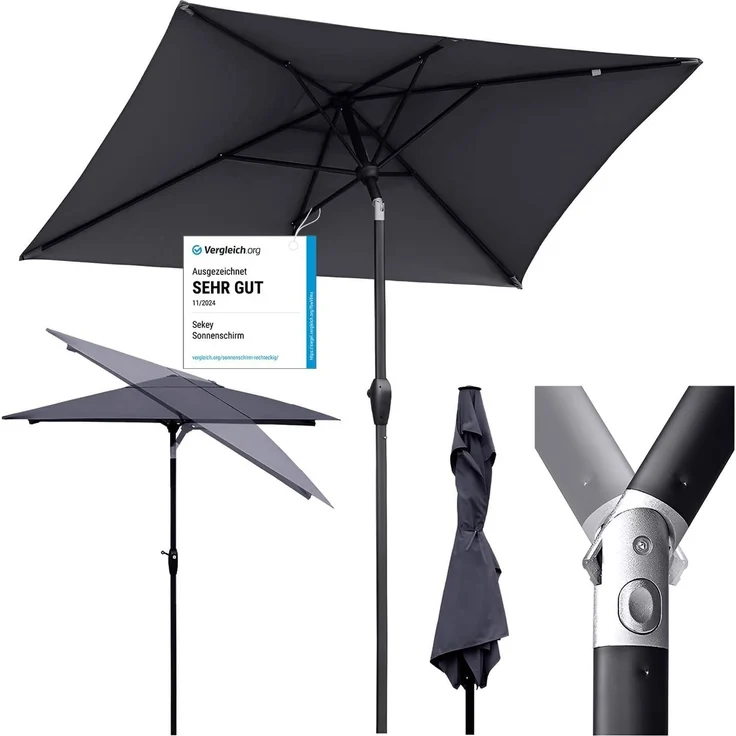 Sekey Sonnenschirm mit Kurbel und UV50+, knickbar, Aluminium grau, 210 × 140 cm – Bild 1