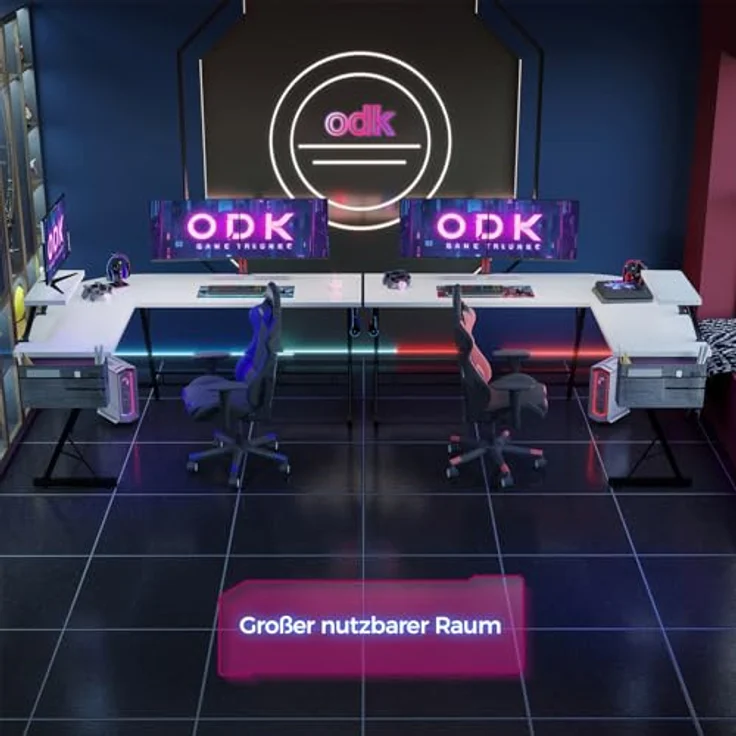 ODK Gaming Tisch, Computertisch, Gaming Schreibtisch mit runder Ecke, Gaming-Tisch mit Monitorablage (Kohlefaser Weiß, 167x120 cm) – Bild 3