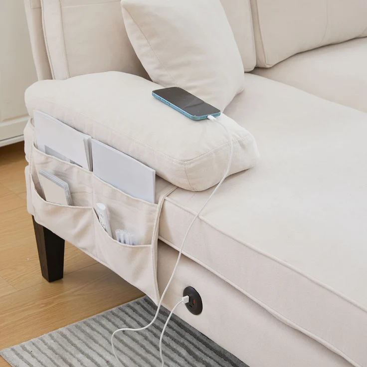 U-förmiges 4-Sitzer-Stoffsofa 250 cm mit 2 Chaiselongues, USB-C, Seitentaschen und Kissen, gepolsterte Wohnlandschaft, Beige – Bild 15