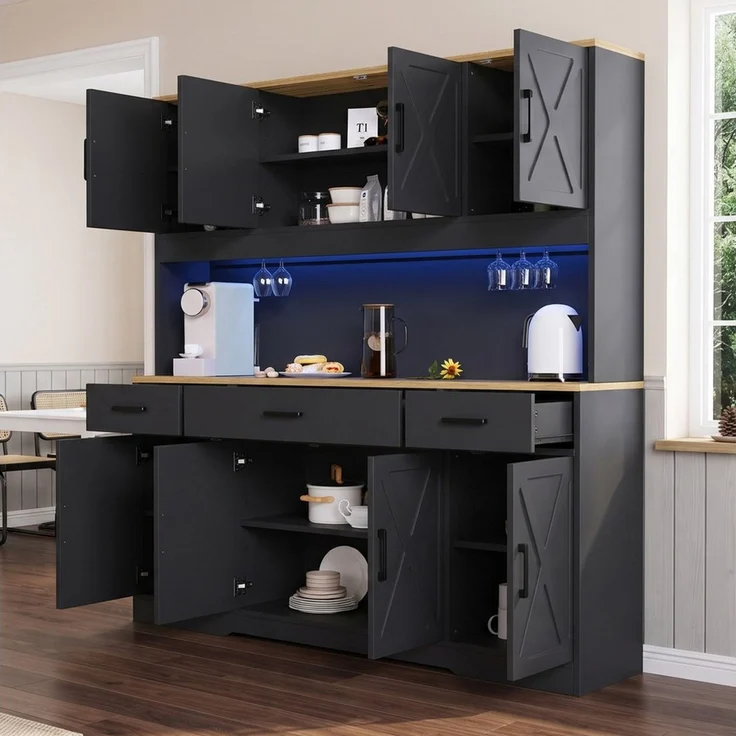 Flieks Küchenbuffet Hochschrank mit Arbeitsplatte Natur, Steckdose, Gläserhalter, LED (B150xT40xH180 cm, 1-St, Multifunktionsschrank mit Lichtstreifen, Ladenfunktion) Mehrzweckschrank Küchenschrank mit verstellbarer Ablagen Schwarz – Bild 2