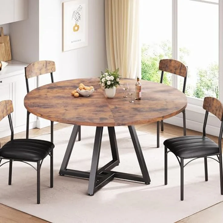 Jocoevol Runder Esstisch für 4 Personen, Küchentisch mit stabilem Metallgestell, platzsparender Esszimmertisch im Industrial Design (Vintage Braun, 120 x 120 x 76 cm) – Bild 3