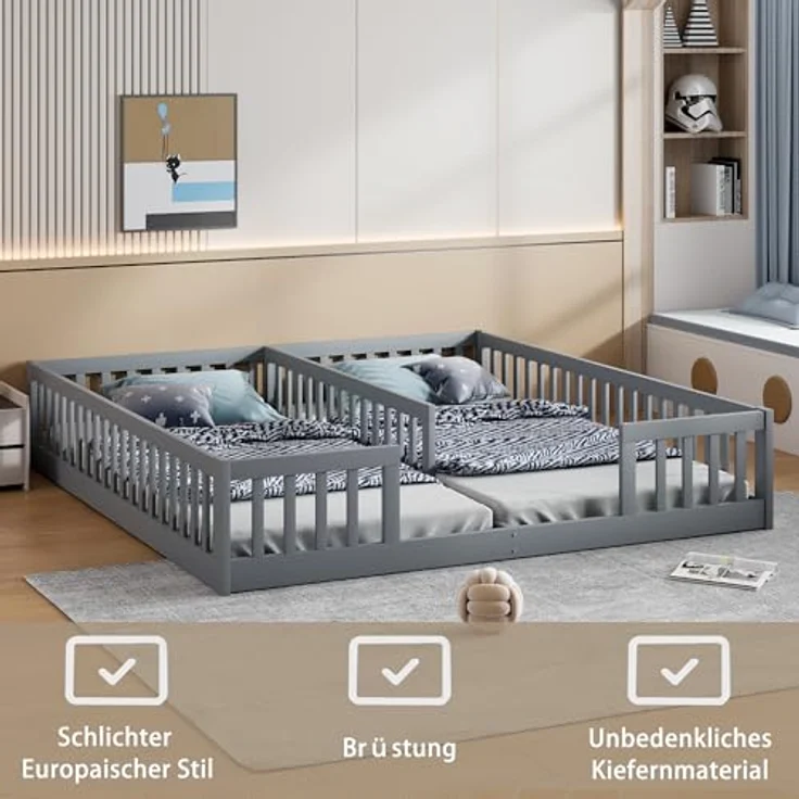 FAVSH Bodenbett 90x200 cm, Doppelbett mit Sicherheitsgitter & Lattenrost Stabiles Jugendbett, Holzbett Jugendbett aus Kiefer für Familien mit 2 Kindern, Kiefernholz, Minimalistischer Stil(Grau – Bild 3