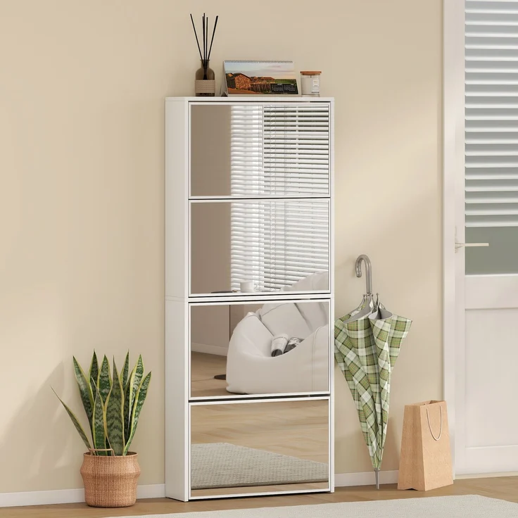 Spiegel-Schuhschrank mit 4 Türen und Kippschutz aus Holz, 63 x 17 x 146 cm, Weiß – Bild 4