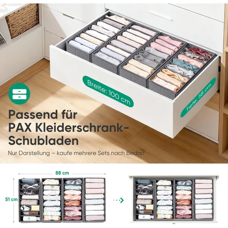Sekey Aufbewahrungsbox Set aus Vliesstoff Faltbare Schubladen Organizer für Schrank und Kleiderschrank mit Fächer 22 x 51 x 11 cm 8 Stück – Bild 8