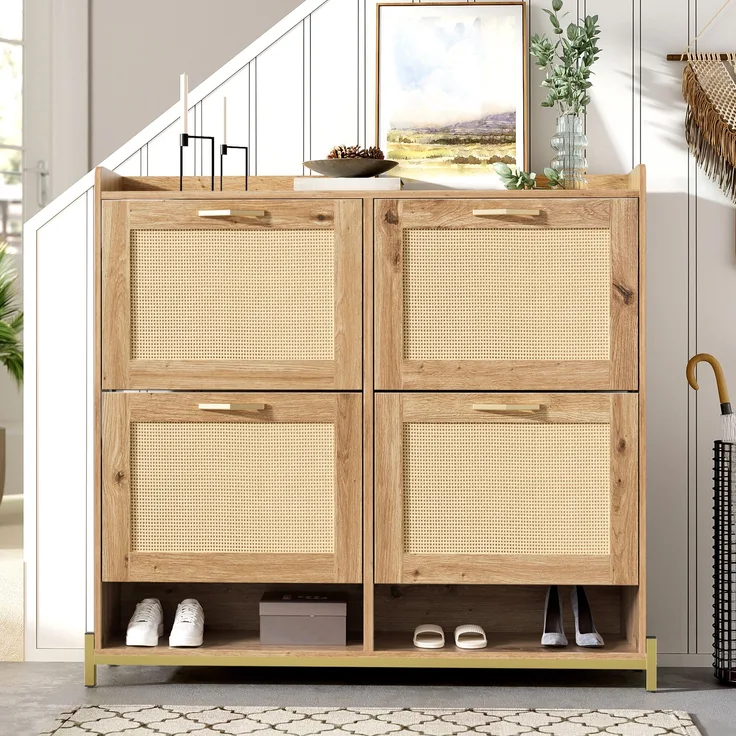 Schuhschrank aus MDF mit Metallgestell & oberer Ablage, 108,5x24x100 cm, Holzfarbe