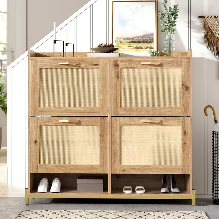 Schuhschrank aus MDF mit Metallgestell & oberer Ablage, 108,5x24x100 cm, Holzfarbe – Bild 1