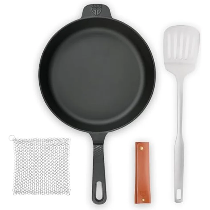 GRÄWE CI 350 Gusseisenpfanne Ø 28 cm, Bratpfanne aus Gusseisen, Induktion & Grill geeignet, Pfannen-Set mit Zubehör (Echtleder Griffschutz, Ringreiniger) – Bild 2