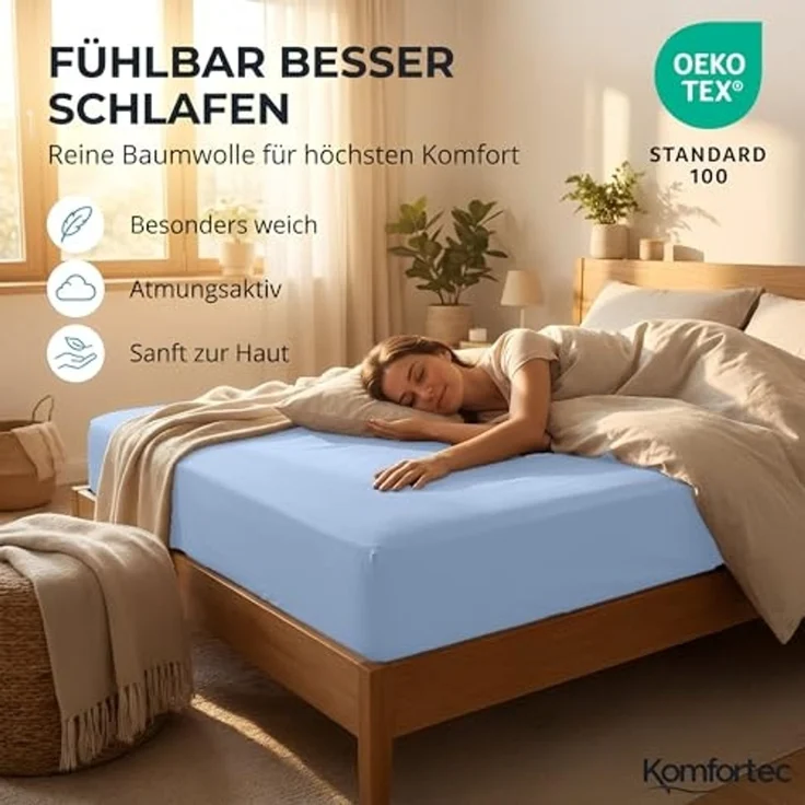 Komfortec 2er Pack Jersey Spannbettlaken 90x200 cm, 100% Baumwolle, Doppelpack Spannbettuch, Hellblau – Bild 4